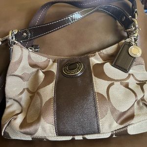 NWT Coach Bag w/ dark and light brown Coach pattern & silver hardware on straps.